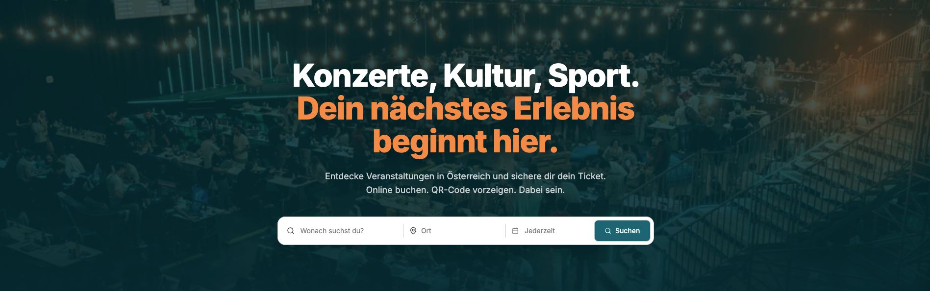 Startseite von tickkva.at mit Veranstaltungssuche
